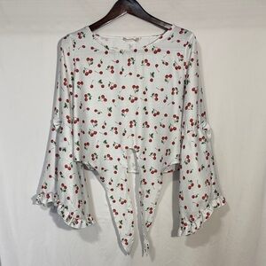 Altar'd State Cherry Print Tie-Front Bell Sleeves Blouse Size M
